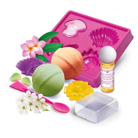 clementoni mini soap and bath bomb kit displaying flowers, molds, spoon/chisel, and bath bombs over a white background