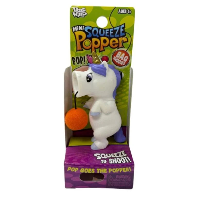 Unicorn-shaped mini squeeze popper toy in packaging with colorful design