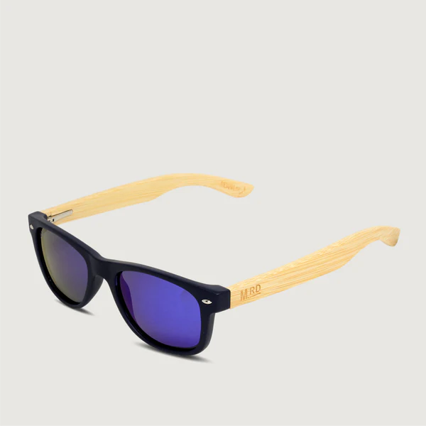 Sunglasses with black frames and yellow arms on a light gray background