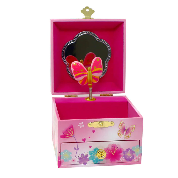 Pink jewelry box with butterfly design on a white background