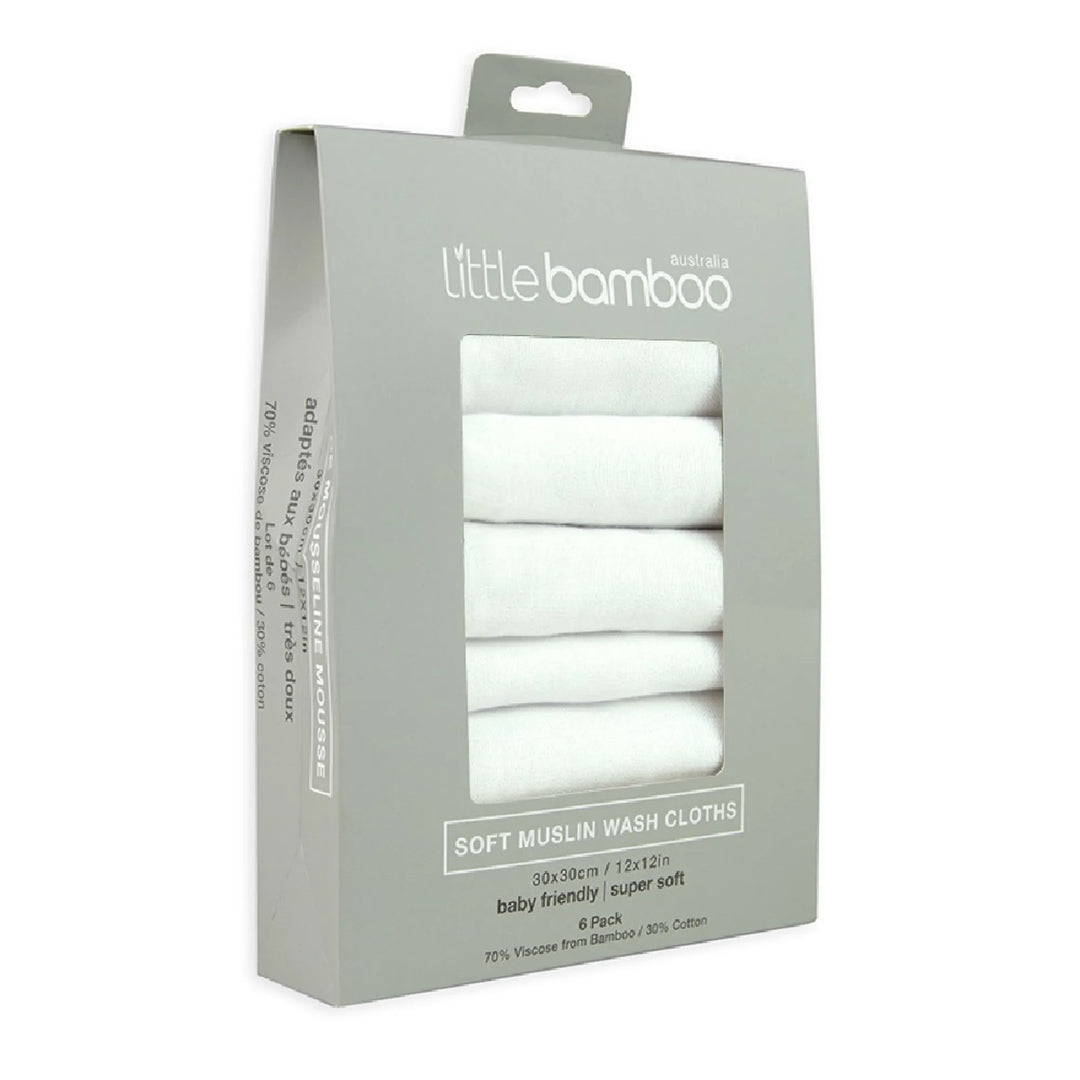 Packaging of Little Bamboo soft muslin wash cloths on a white background
