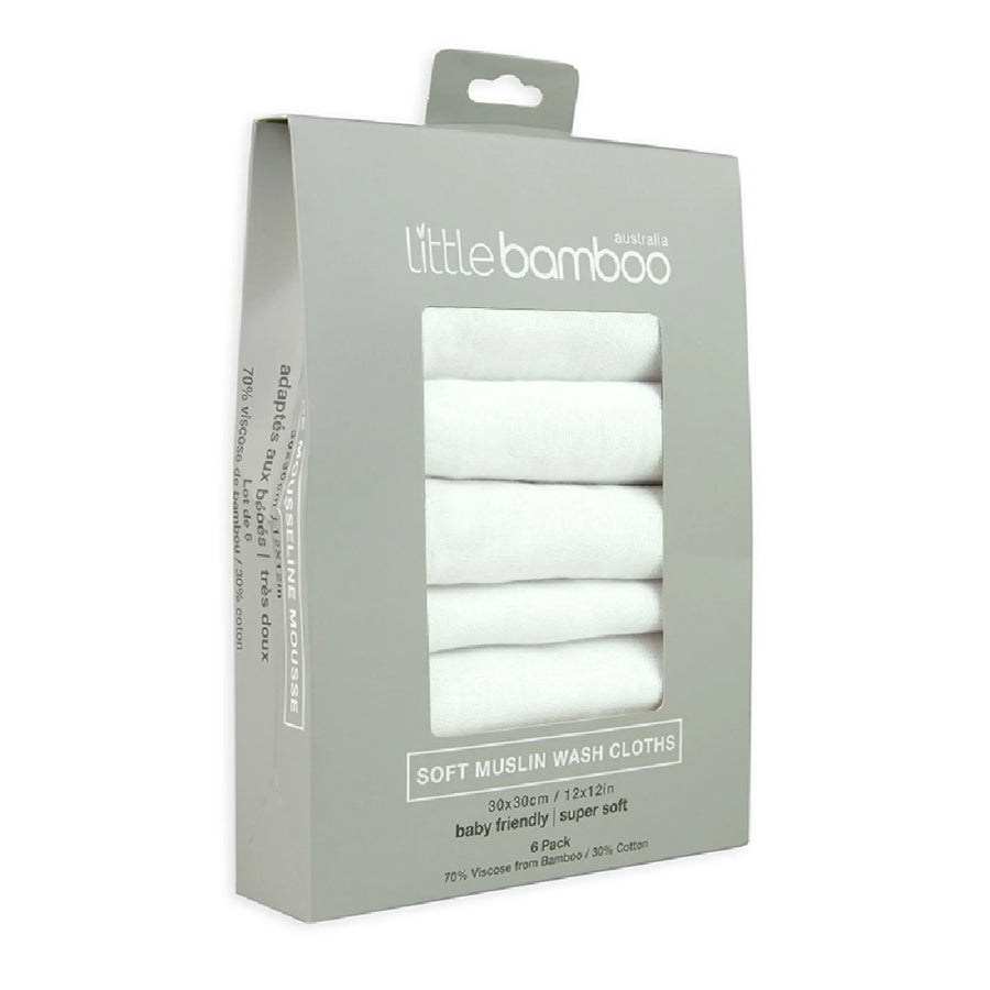 Packaging of Little Bamboo soft muslin wash cloths on a white background