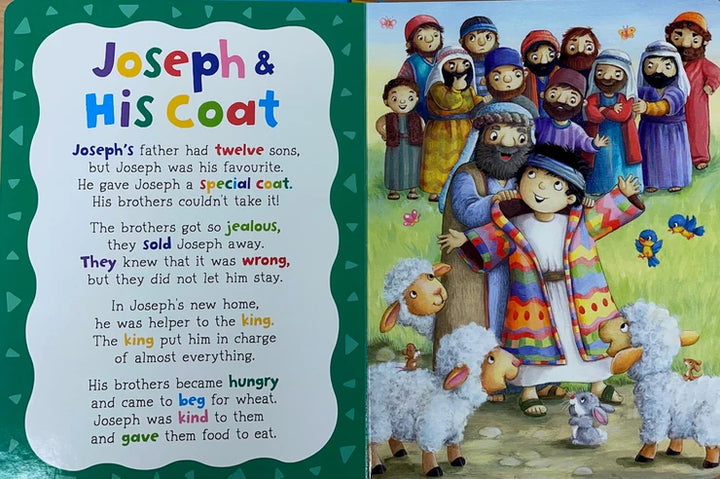 Children's book page with Joseph and His Coat illustration and text.