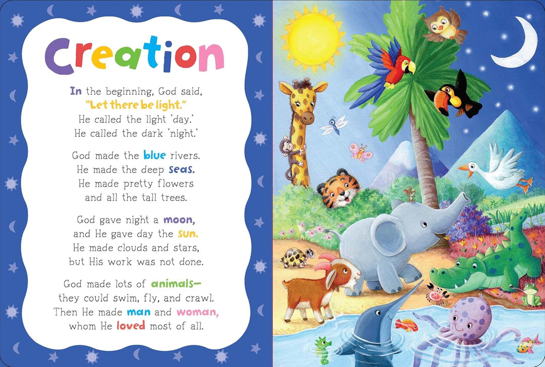 Children's book open to a page with a creation story and illustrations of animals and nature. from my rhyming bible