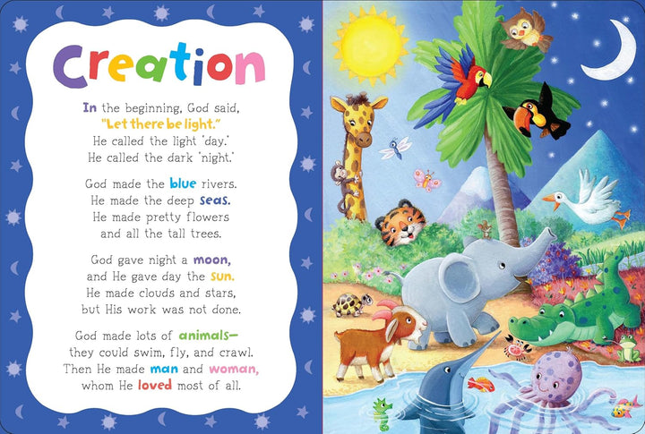 Children's book open to a page with a creation story and illustrations of animals and nature. from my rhyming bible