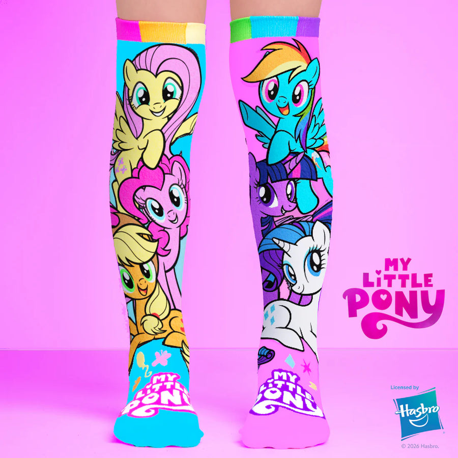 Colorful knee-high socks with My Little Pony characters on a pink background madmia brand