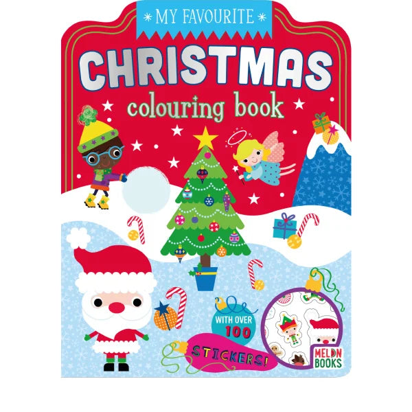 christmas colouring book cover with santa, elves, and a christmas tree 