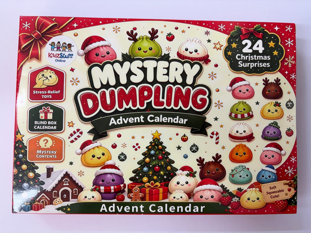 A colorful 'Mystery Dumpling Advent Calendar' featuring 24 cute cartoon dumpling characters, a Christmas tree, and a red border with text indicating '24 Christmas Surprises'.