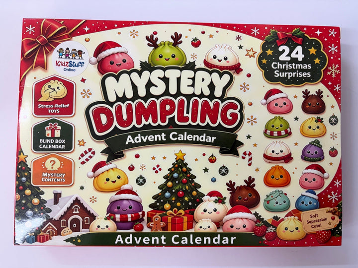 A colorful 'Mystery Dumpling Advent Calendar' featuring 24 cute cartoon dumpling characters, a Christmas tree, and a red border with text indicating '24 Christmas Surprises'.