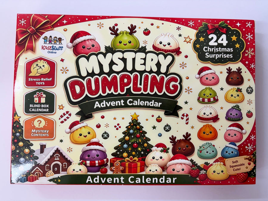 A colorful 'Mystery Dumpling Advent Calendar' featuring 24 cute cartoon dumpling characters, a Christmas tree, and a red border with text indicating '24 Christmas Surprises'.