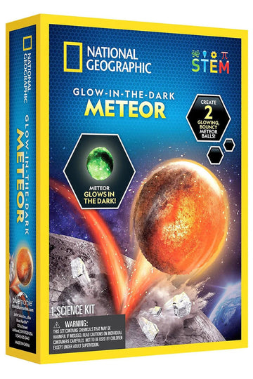 National Geographic STEM Glow-In-The-Dark Meteor science kit box, featuring a bright yellow border, a blue space-themed front cover with an illustration of a glowing meteor, and a visible National Geographic logo.
