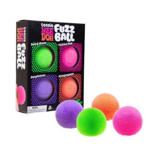 A box of Teenie Neew Doh Fuzz Ball stress balls with four textured balls in neon green, pink, purple, and orange displayed in front of the packaging on a white background.