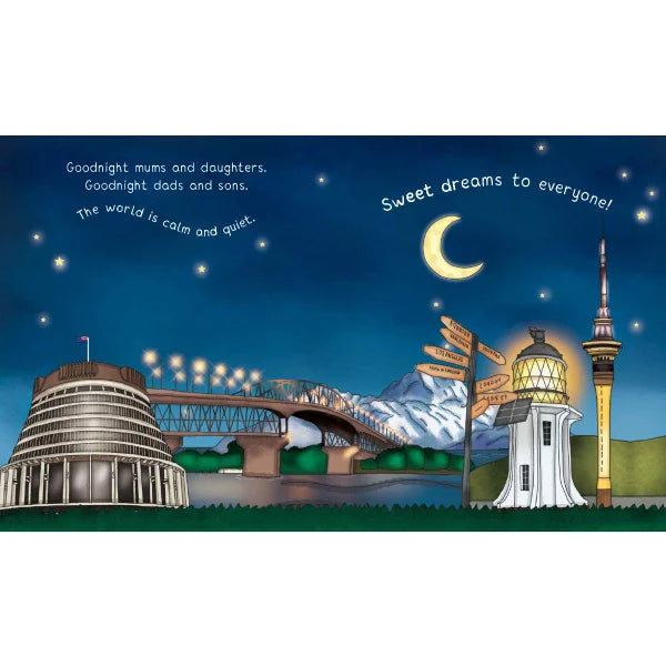 Illustration of a cityscape at night with a lighthouse, bridge, and mountain under a starry sky.