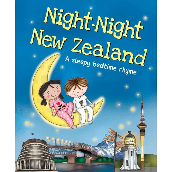 Book cover of 'Night-Night New Zealand' with two children on a moon, New Zealand landmarks, and a blue background.