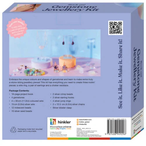 Back view of a Hinkler Gemstone Jewellery Kit packaging with product details and branding.