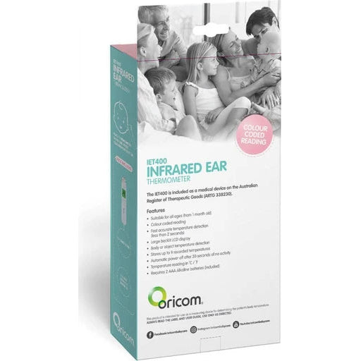 Oricom infrared ear thermometer packaging on a white background