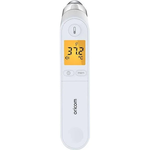 Digital thermometer with a white body and visible brand name on a white background