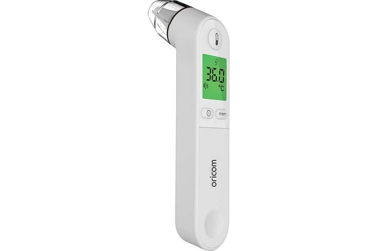 Digital thermometer with a white body and green display on a white background