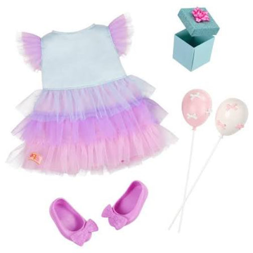 suprise party outfit with blue and purple dress, purple shoes, gift box, and birthday balloons