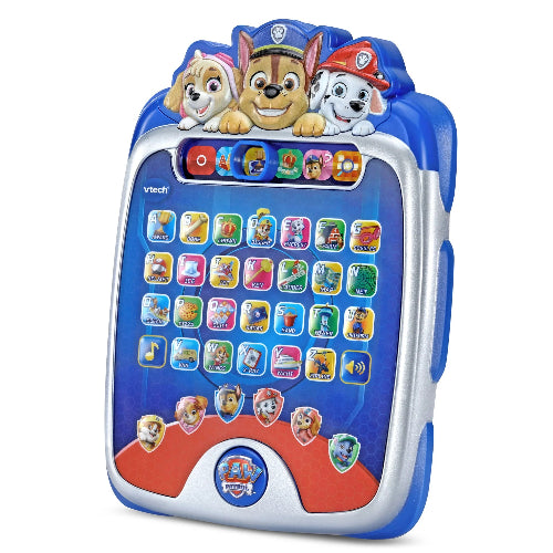 VTech Paw Patrol themed electronic toy tablet for kids, featuring colorful character buttons, Paw Patrol dog illustrations on the top and bottom, and a blue and silver body.