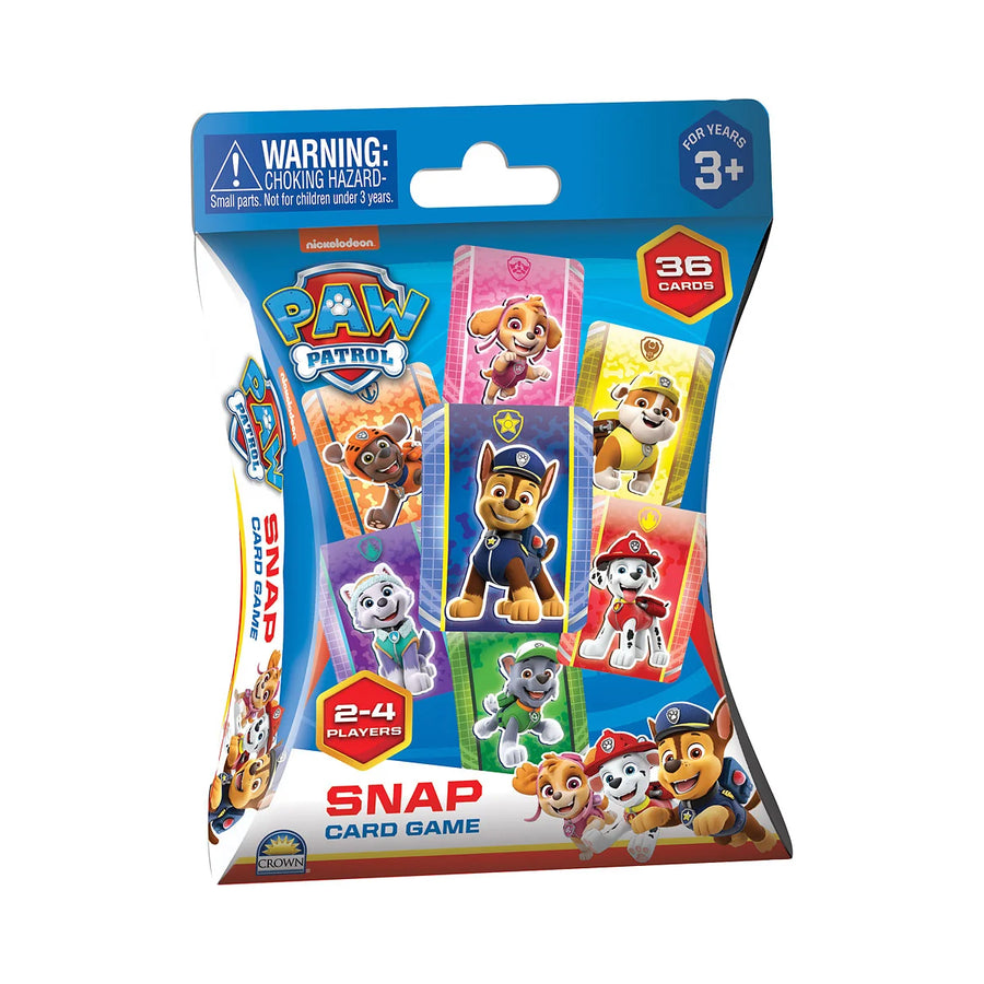 Paw Patrol Snap Card Game in its original retail packaging, featuring colorful character cards and a blue header card with age and warning labels.