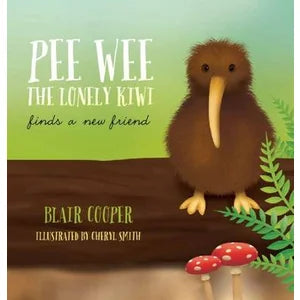 Book cover of 'Pee Wee the Lonely Kiwi Finds a New Friend' with a kiwi bird illustration.