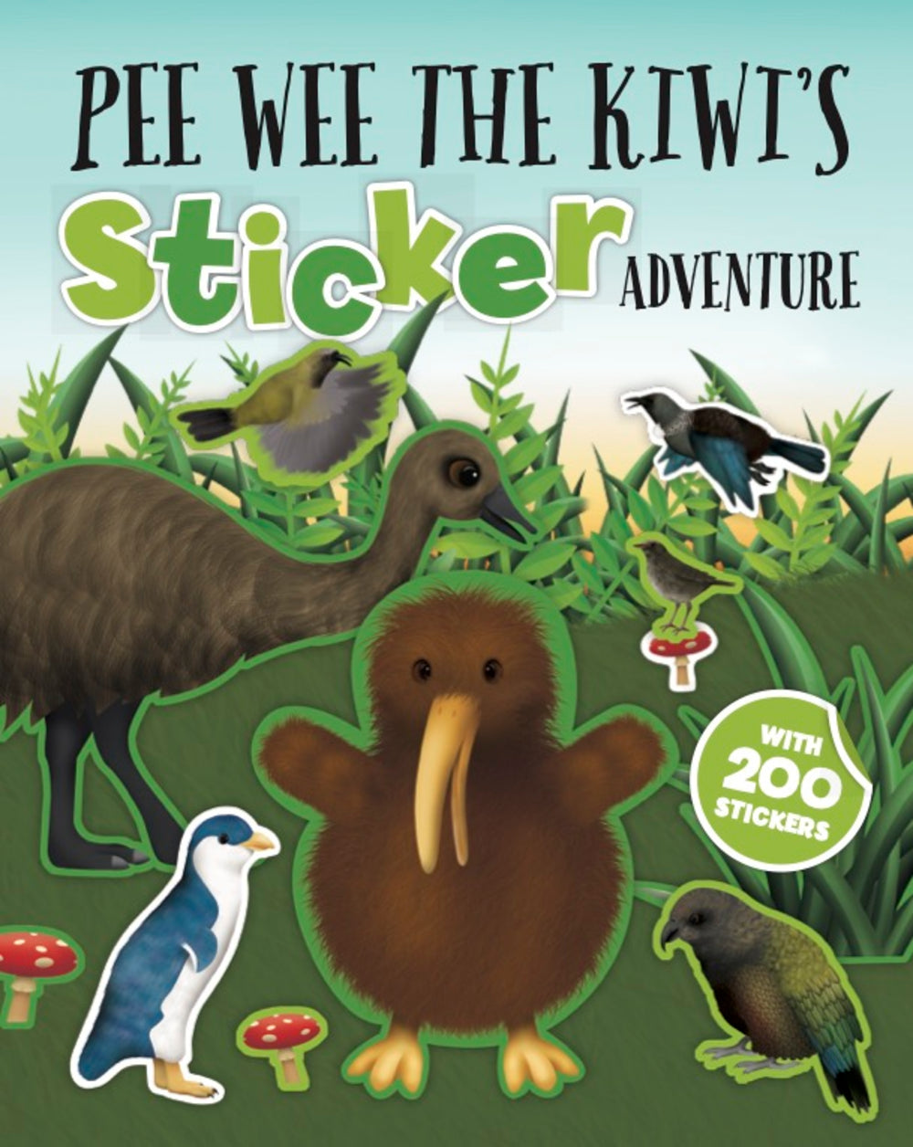Book cover of 'Pee Wee the Kiwi's Sticker Adventure' with stickers of a kiwi and other birds on a green background.
