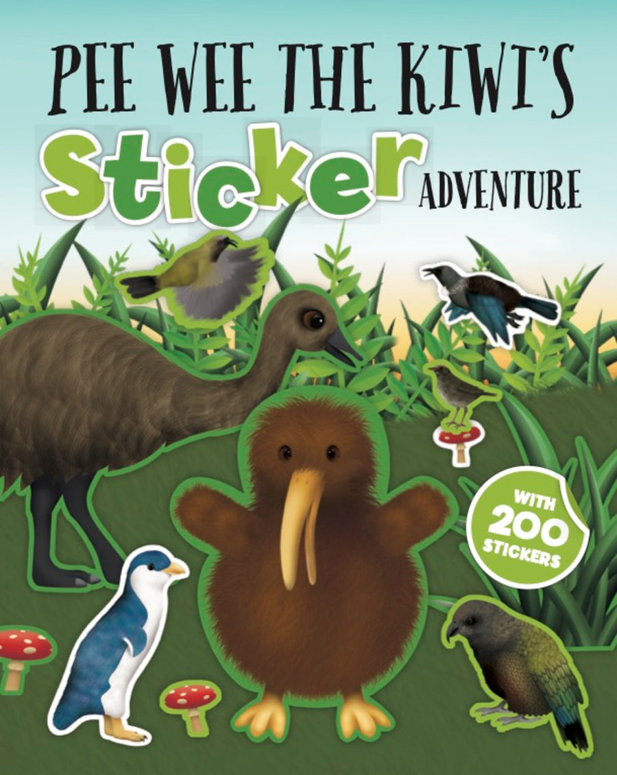 Book cover of 'Pee Wee the Kiwi's Sticker Adventure' with stickers of a kiwi and other birds on a green background.