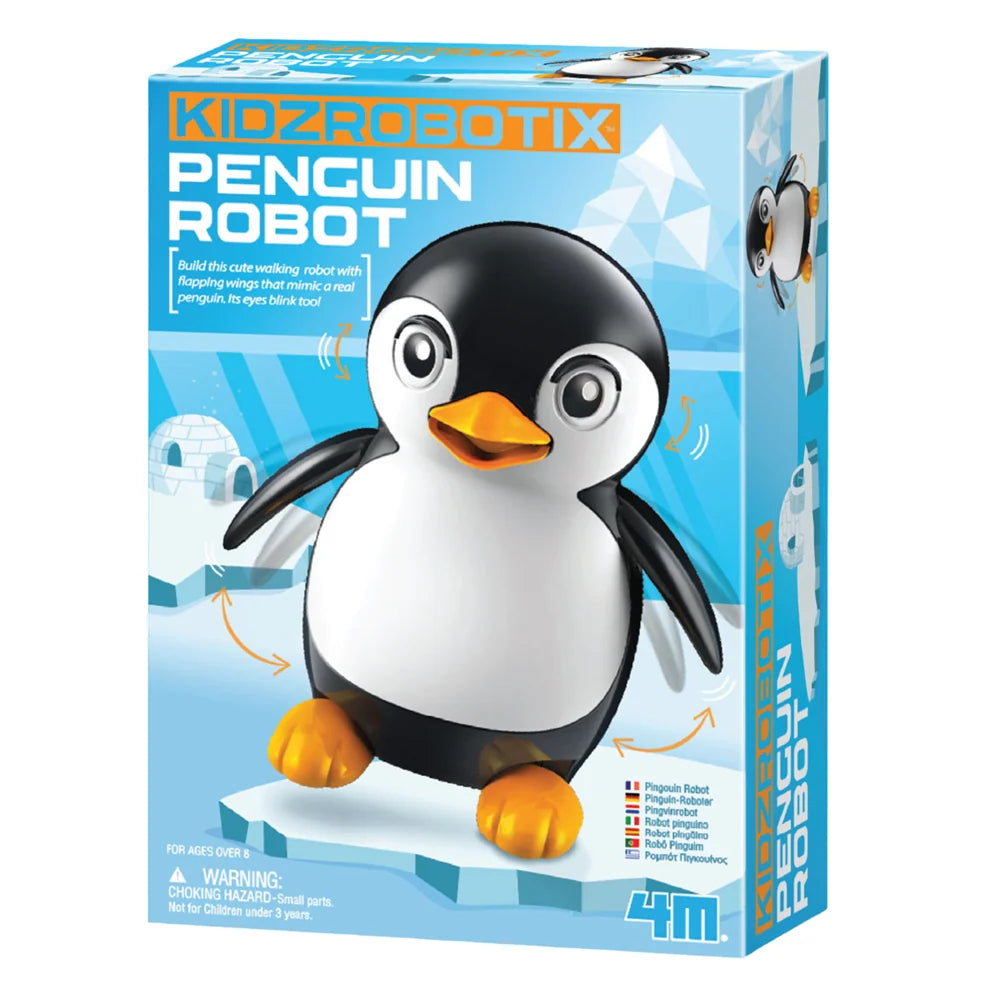 KidzRobotix Penguin Robot toy packaging box, featuring a 4M brand logo and an illustration of a black and white penguin with orange beak and feet on a light blue icy background.