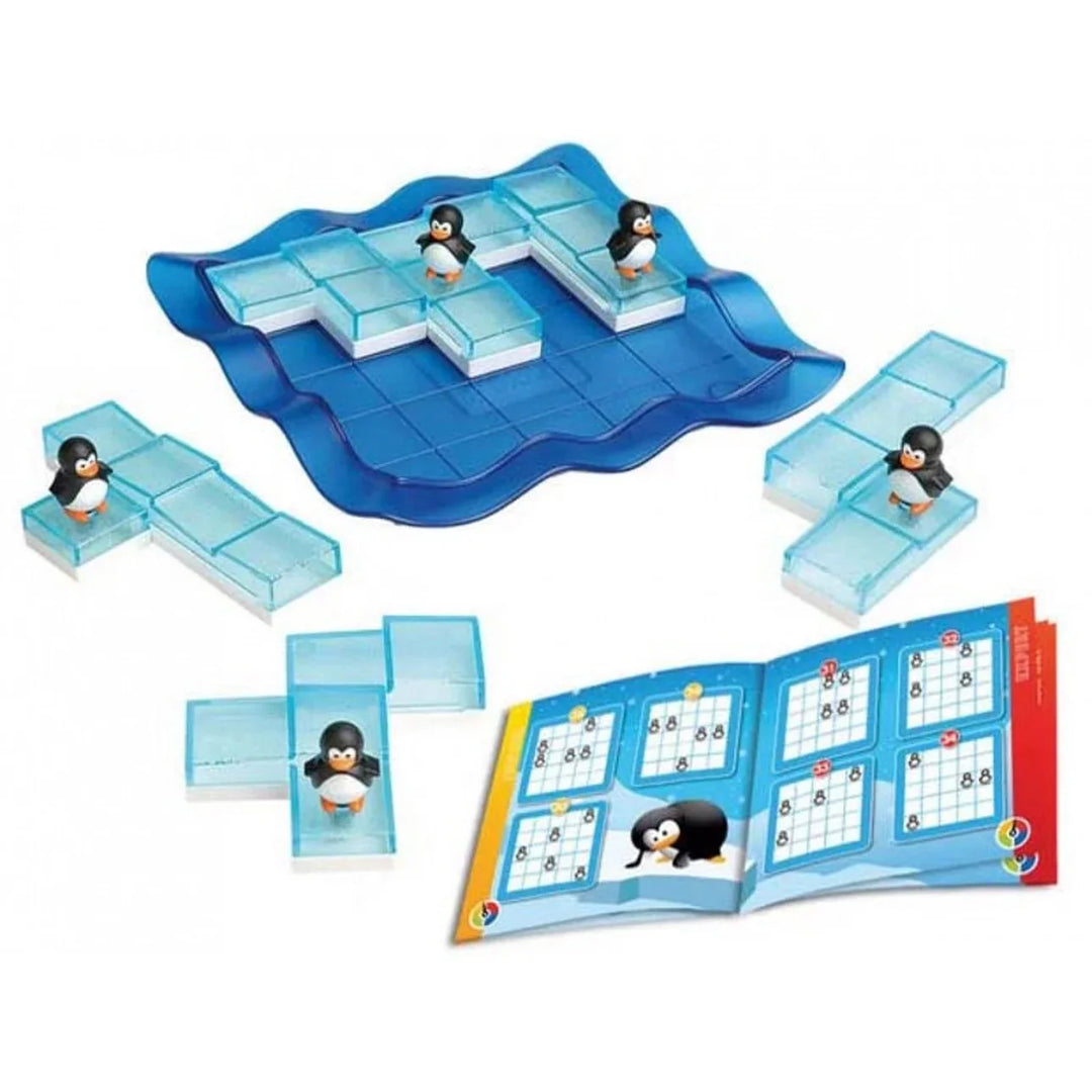 Penguin ice age board game set with a blue wavy game board, translucent icy tiles, penguin tokens, and an open instruction booklet on a white background.