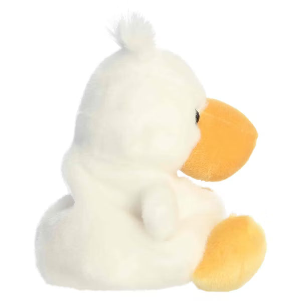 Plush Palm Pals Percy Pelican toy with a white body and yellow beak on a white background side view