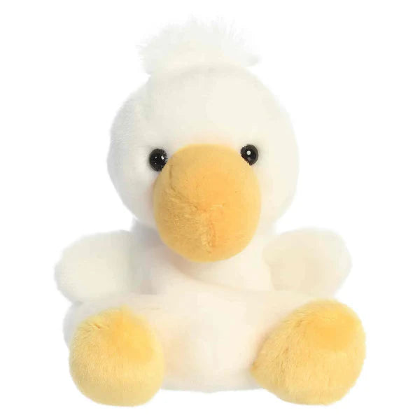Plush Palm Pals Percy Pelican toy with a white body and yellow beak on a white background