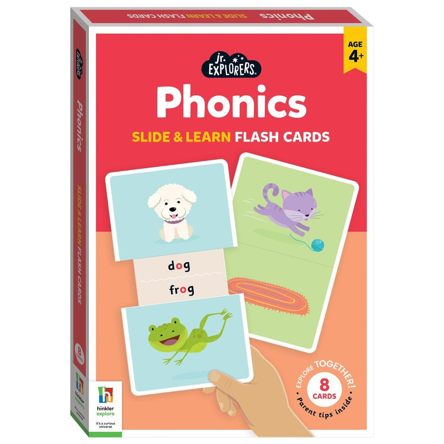 Phonics Slide & Learn Flash Cards by Je'Explorers, age 4+, featuring a red and peach box with sample flashcards showing a dog, frog, and cat illustrations.