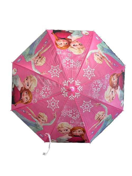 Pink children's umbrella with Frozen characters on a gray surface