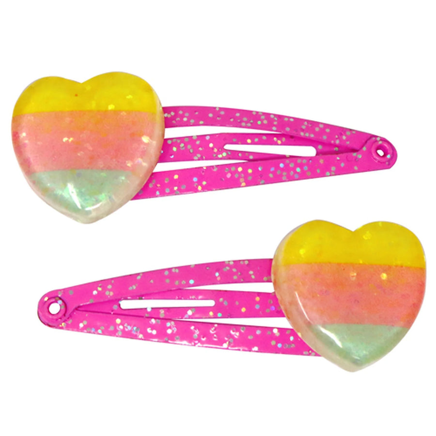 pink hair clips with clear yellow pink and green heart on the ends
