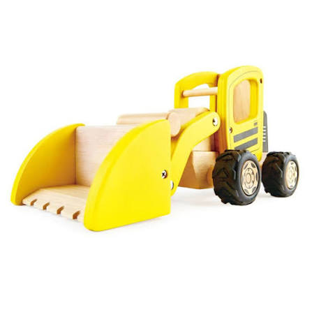 A wooden toy construction vehicle with a bright yellow bucket and cab, natural unfinished wood body, and black wheels, photographed on a clean white background.