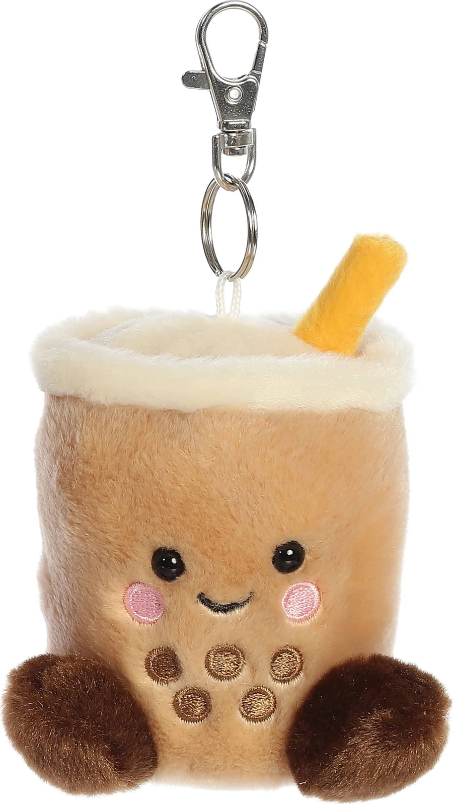 Plush palm pal milky tea keychain shaped like a bubble tea cup with a face on a white background