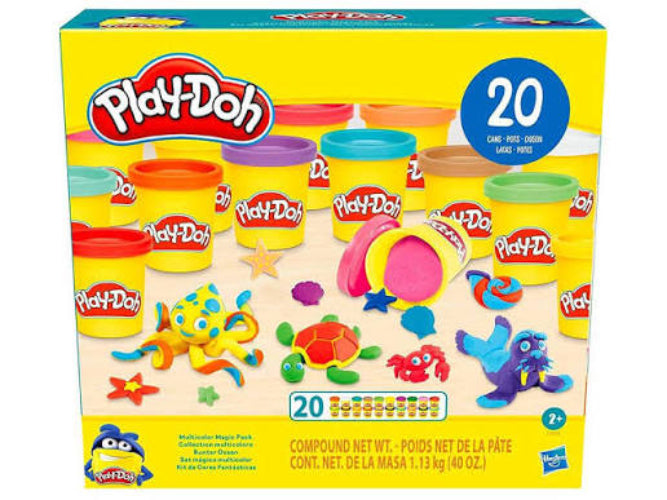 Play-Doh Magic Mold compound clay set in a bright yellow box, showing multiple colorful clay pots and molded clay creatures on the front packaging.