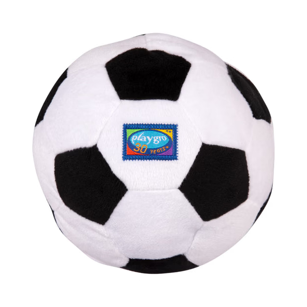 playgro soccer ball plushy with playgro logo in the center on a whte background