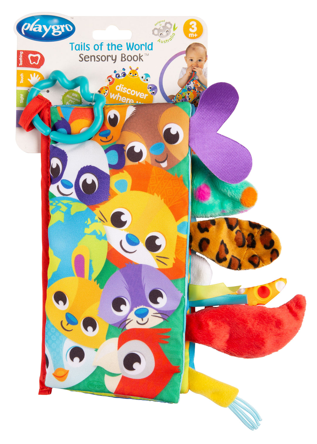 Playgro Tails of the World Sensory Book toy with colorful animal face graphics and attached sensory tabs, shown on a plain white background.