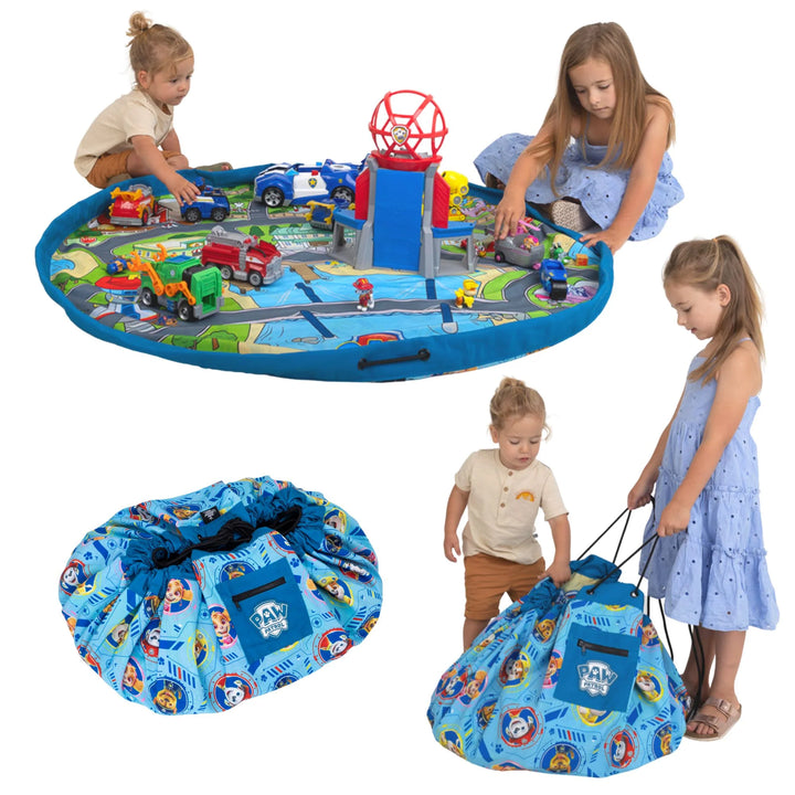 A Paw Patrol-themed round play mat with a built-in storage bag, shown with children playing on the mat and a close-up of the storage bag. The play mat features a colorful road and vehicle scene, and the bag has a blue Paw Patrol print.
