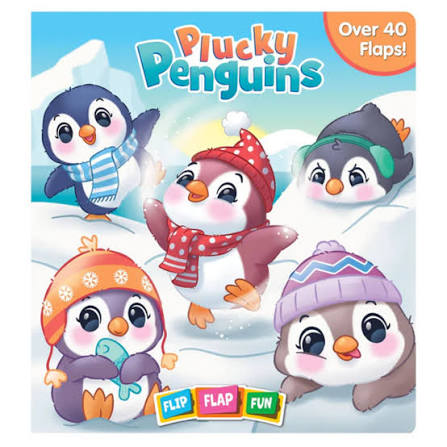 Front cover of a children's activity book titled 'Plucky Penguins' showing five cartoon penguins in winter hats and scarves on a snowy background, with text reading 'Over 40 Flaps!' and 'Flip Flap Fun'.