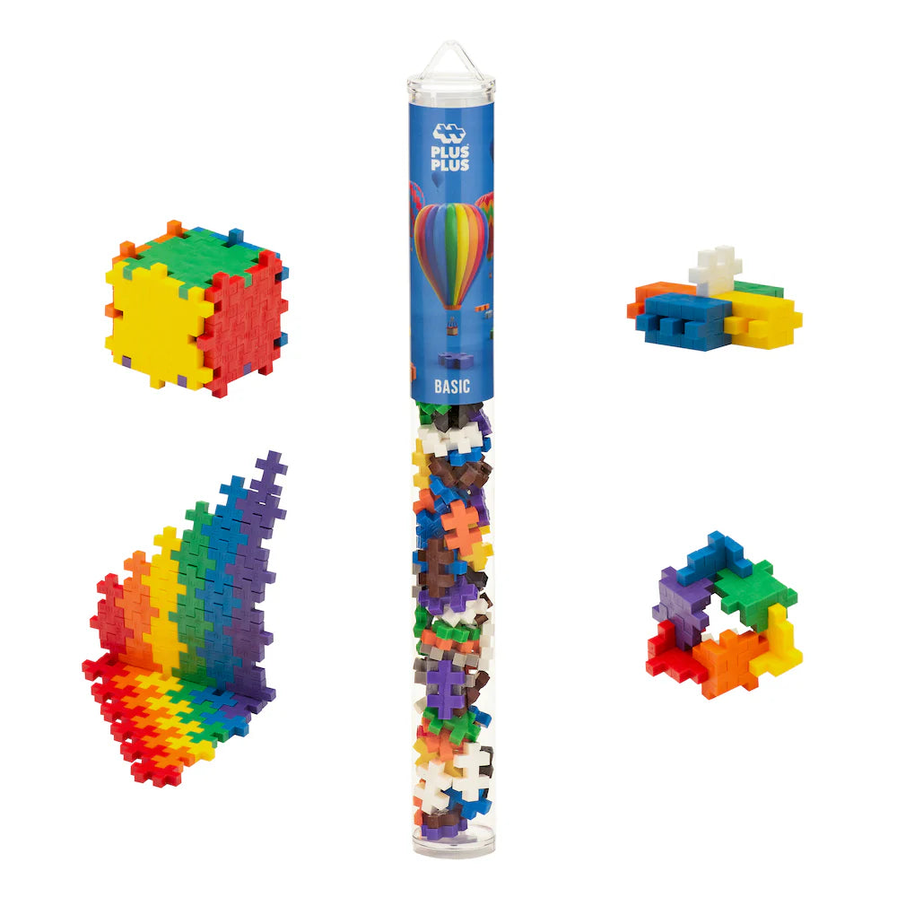 Colorful building block set with a cylindrical packaging featuring a rainbow design on a white background.
