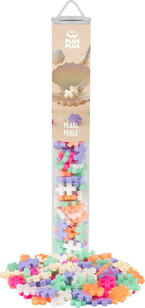 Tube of colorful beads with Plus Plus branding on a white background