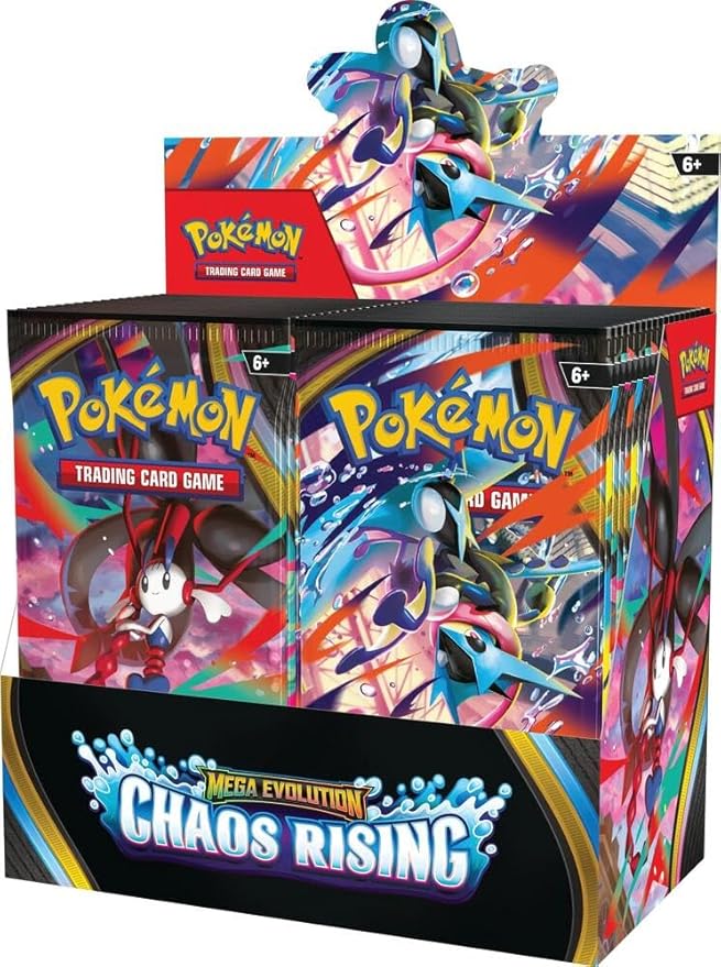 Pokémon trading card game packs with colorful designs and 'Mega Evolution Chaos Rising' text.