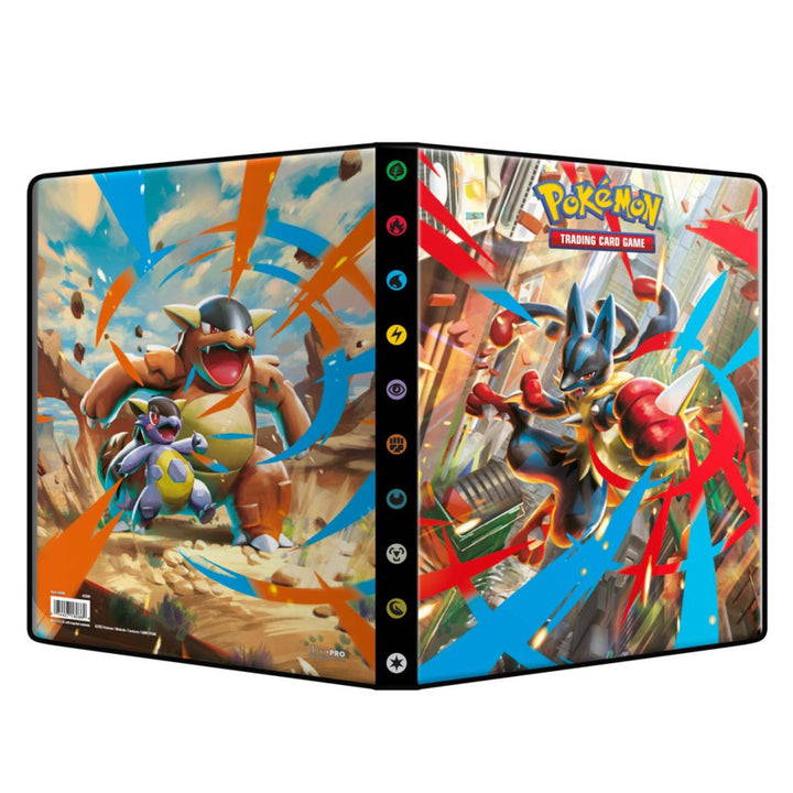 Pokémon trading card game binder with character designs on a white background