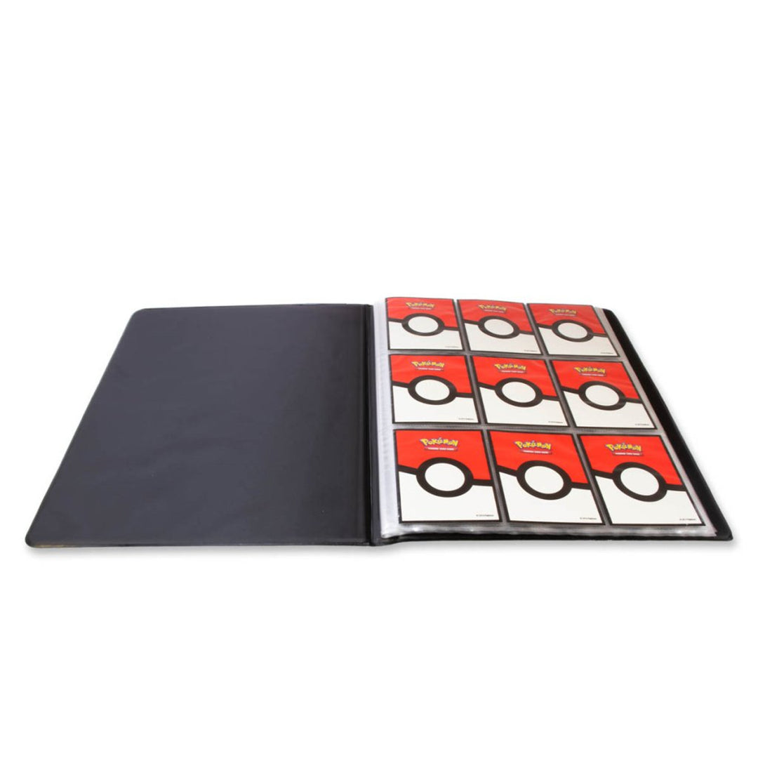 Black trading card album with red and white card holder on a white background