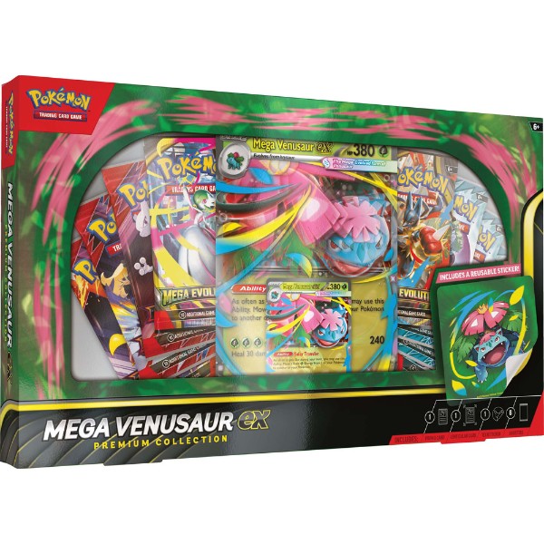Pokémon Mega Venusaur EX Premium Collection packaging with cards and toys.