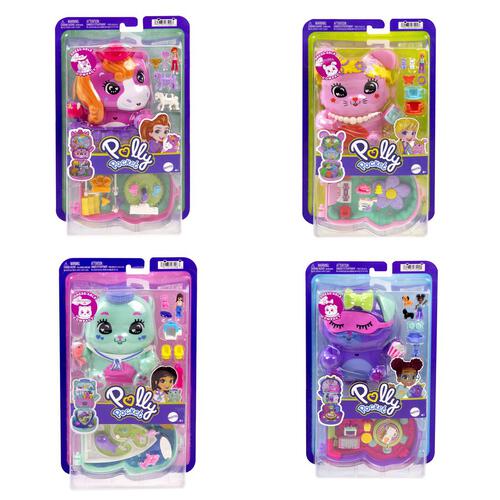 Four packages of Polly Pocket toys in their packaging on a white background