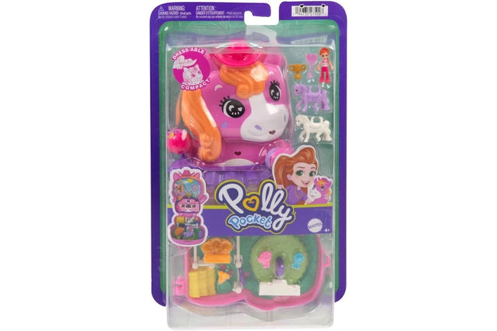 Toy figure in packaging with 'Polly Pocket' branding on a white background